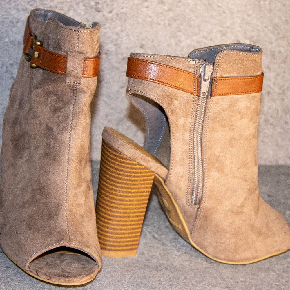 TAUPE PEEP TOE AND OPEN BACK BOOTIES